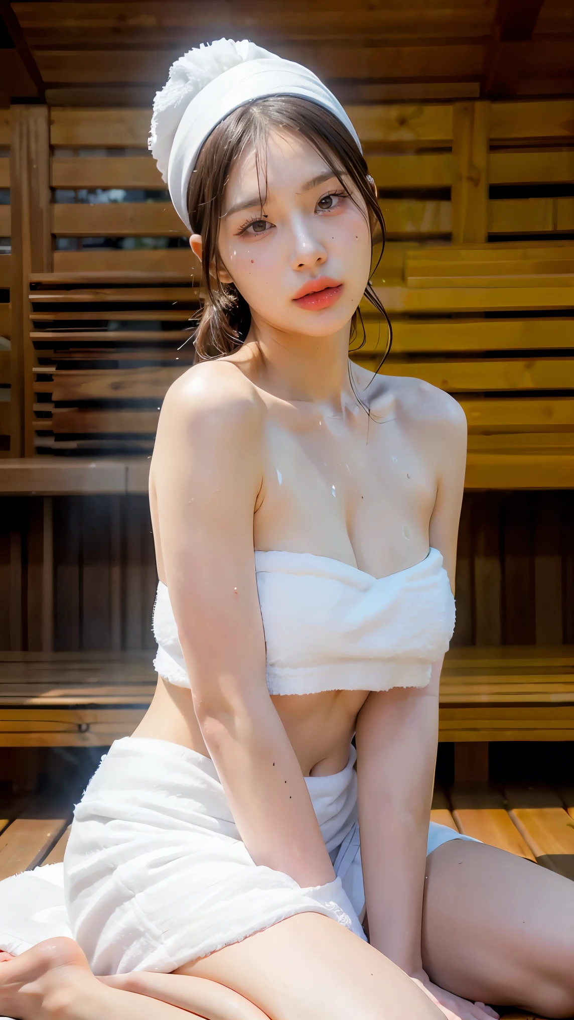 1Girl, Solo, (Masterpiece, Best Quality, 8K,,Photorealistic, real girl, mulberry:1.37), looking up at viewer, 1 dainty Japan, Slender body type: 1.1, Small breasts, Sitting, sauna, Double eyelids, Droopy Eyes, A dark-haired, (Sweaty face, Sweaty body: 1.2): 0.2, (White Oversized Towel Dress, strapless), (small in size, White Towel Turban: 1.1),, realistic body, makeups, Gloss slip, focus on face, smaller face, Sharp focus, Layered Cut, facing the viewer, The sauna has the following.., shot from the front