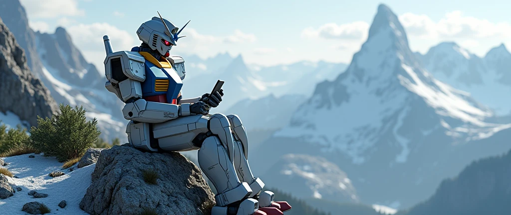 gundam play smarthphone on the moutain