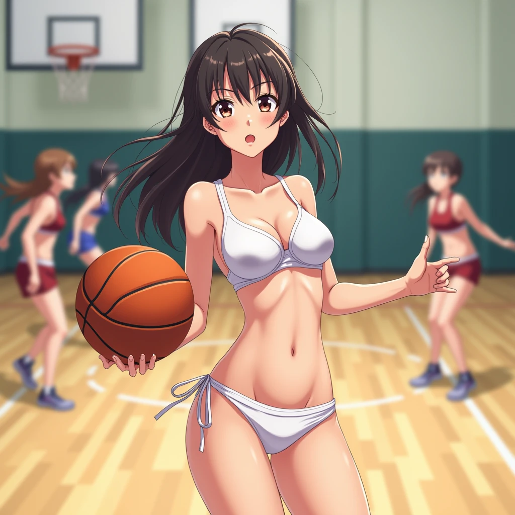 anime girl, in underwear, thong, on the gym class, playing basketball with her classmates