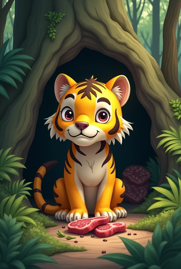A sick and very underweight yellow tiger,Malnutrition,Store lots of steaks in the cave,Cute and realistic風格,Background forest,Cute and realistic