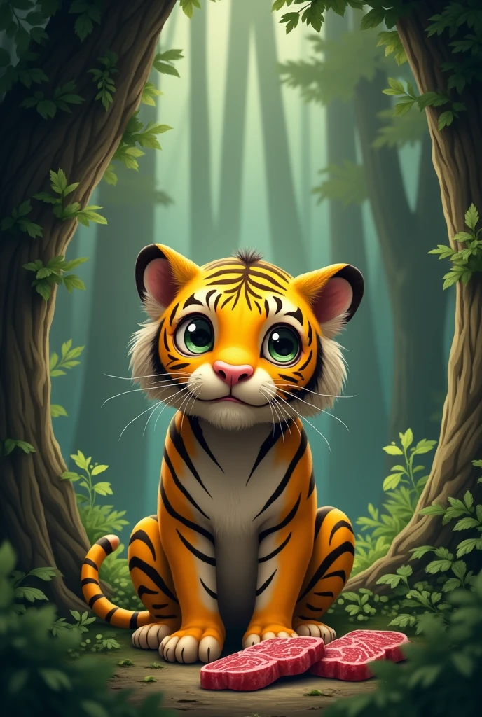 A sick and very underweight yellow tiger,Malnutrition,Store lots of steaks in the cave,Cute and realistic風格,Background forest,Cute and realistic