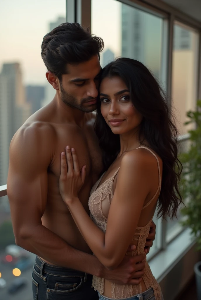 Indian woman and boyfriend, nri in USA, in a cozy open terrace overlooking downtown, man grabbing breast from behind, man pinching breast, woman wearing transparent thin top, showing cleavage, very thin top, transparent top, sexy facial expression, woman looking camera