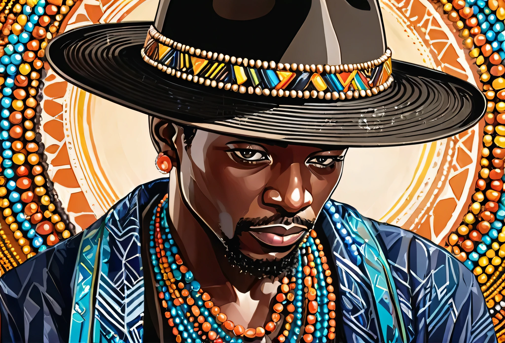 A man wearing fedora hat and beads
African (masterpiece best quality:1.2) delicate illustration ultra-detailed, illustrations, bright, colourful,