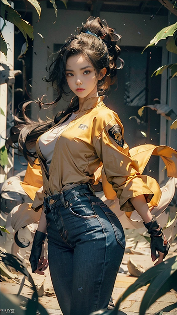 (8K, RAW Photo, Best Quality, Masterpiece: 1.2), (Realistic, Realistic: 1.37), (Perspective lens).1 Girl, beautiful model, Dynamic pose, Serious and mean expressions. Early twentieth girl. Pale white skin. realistic skin, slim body shape, extremely detailed hair, delicate sexy face, gazing away, shiny lips. tomboy, supermodel, beautiful long pony tail hair, confident eyes. stylish outfit, durable Navy jacket and Blue denim beige pants. futuristic design elements gloves, LED lights. Her overall look combines strength and elegance, with a charismatic and leadership aura. The setting is a modern, high-tech environment, Night.