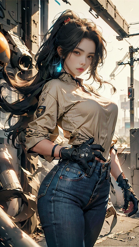 (8K, RAW Photo, Best Quality, Masterpiece: 1.2), (Realistic, Realistic: 1.37), (Perspective lens).1 Girl, beautiful model, Dynamic pose, Serious and mean expressions. Early twentieth girl. Pale white skin. realistic skin, slim body shape, extremely detailed hair, delicate sexy face, gazing away, shiny lips. tomboy, supermodel, beautiful long pony tail hair, confident eyes. stylish outfit, durable Navy jacket and Blue denim beige pants. futuristic design elements gloves, LED lights. Her overall look combines strength and elegance, with a charismatic and leadership aura. The setting is a modern, high-tech environment, Night.