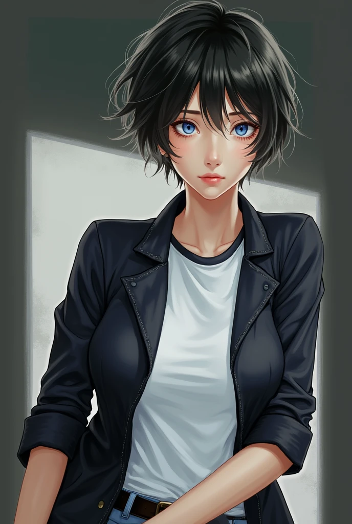 Blue eyes, Black Hair, 1girl, High Resolution, Blush, Short Hair, sexy