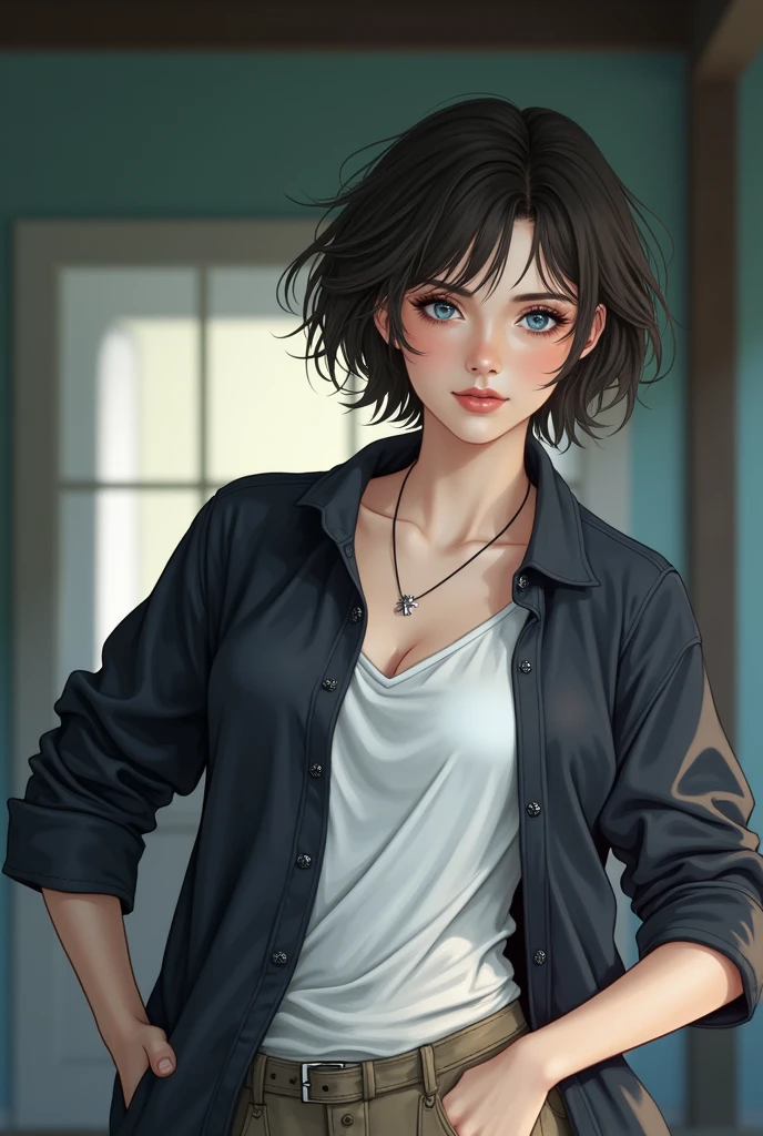 Blue eyes, Black Hair, 1girl, High Resolution, Blush, Short Hair, sexy