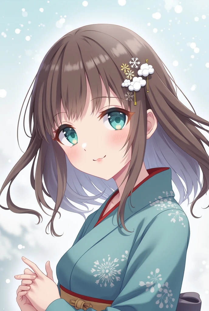 Hair: brown
eyes: turquoise
hair clip: cloud and snowflake
Costume: kimono
Gender: female
age: 13