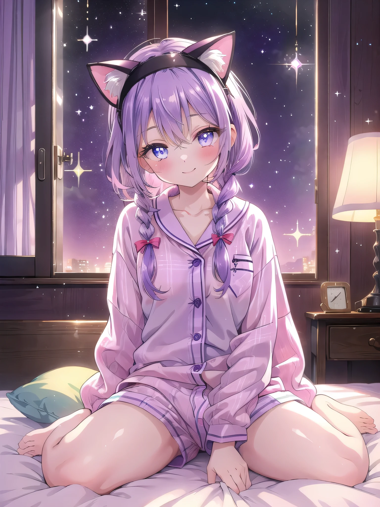 ((8k, Highest quality, masterpiece: 1.3)),Ultra-high resolution,(1 girl, alone), (Color changing eyes, Ultra-detailed, Expressive brilliance, Glitter, Glowing Eyes), Highly detailed eyes, Highly detailed face, Random Hair, ((pastel colour))Cat Ears Headband with Checkered Pajamas and Joyful Smile
"Design a Vtuber character with medium-length purple hair styled in a loose side braid, topped with an adorable cat ears headband in a matching pastel color. Her eyes are bright purple, radiating happiness as she beams a joyful smile directly at the camera. She is sitting on the edge of her bed, dressed in a checkered pajama set featuring a comfortable button-up top and shorts in soft, muted pastel shades. Her room is warmly lit, with a few plush toys on the bed, a bedside table with a lamp, and light curtains partially drawn. The atmosphere is cozy and inviting, reflecting her charming and universally appealing personality."(nsfw:1.4)