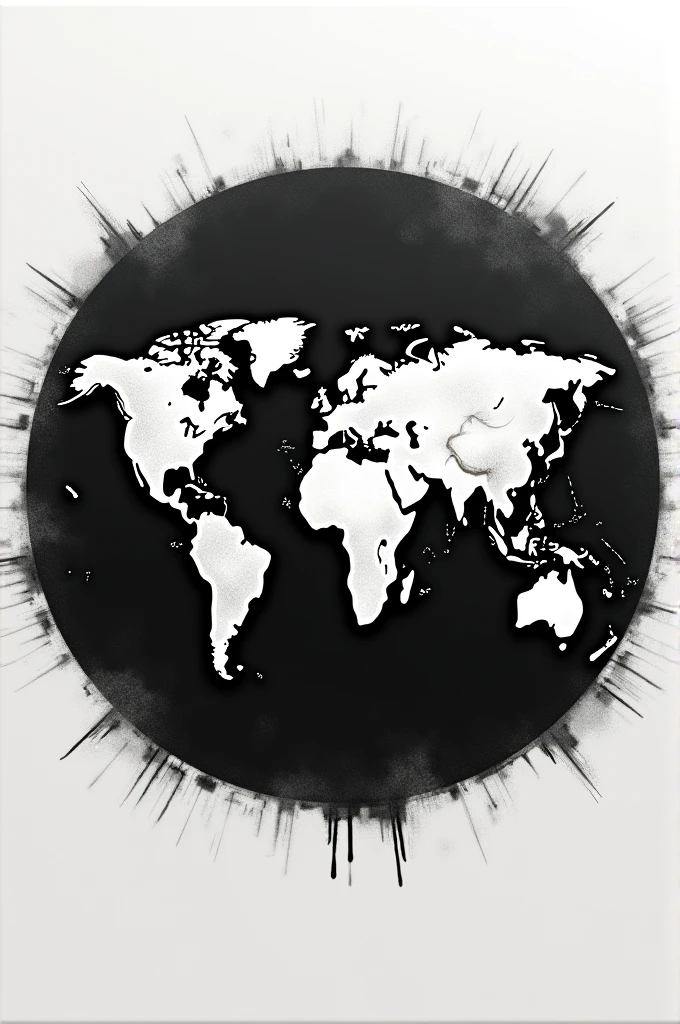 Generate a highly detailed, hyper-realistic world map logo with a black and white, ruined or faded effect, with a black circular line in the background with a worn ink effect, large 2/3 of the planisphere