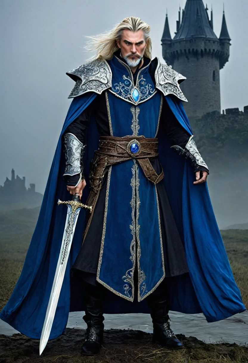 A dramatically lit, cineastic portrait of a 3 wizard with a commanding presence. His blonde hair, streaked with strands of silver, cascades into a meticulously groomed goatee, framing a stern yet wise countenance. His piercing blue eyes seem to hold a profound secret, hinting at the tumultuous journey that has led him to be consumed and corrupted by dark powers. He is adorned in opulent blue robes with intricate golden embroidery that shimmers eerily under the dim light, revealing the darker undertones of his once noble attire. The robes are tattered and worn, bearing the scars of battles fought and magic unleashed. Around his neck, a sturdy black leather collar, studded with silver, acts as a stark contrast to the ethereal fabric, symbolizing the fusion of his arcane knowledge with the ominous force that now governs him. Upon his head sits a blue, pointed hat, slightly askew, as if to suggest the chaos within. The hat's brim casts a shadow over his face, emphasizing the gravity of his situation. His posture is a blend of defiance and defeat, one hand clutching a gnarled staff that crackles with malevolent energy, the other resting on the hilt of a sheathed sword at his side. The background is shrouded in a dense fog, with only the faintest outline of a decayed castle tower in the distance, hinting at his forsaken kingdom. The overall atmosphere is one of brooding tension and impending doom, a stark reminder of the cost of power and the fine line between good and evil.