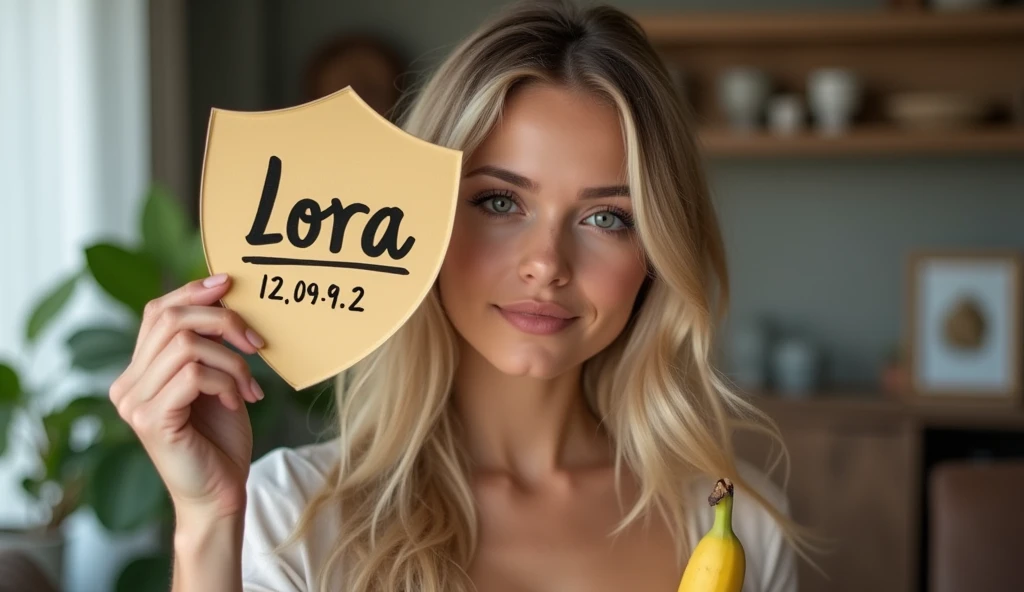 create an influencer,blonde hair,Scandinavian,light eyes,light brown skin,holds a verification shield(small) high on which is written lora which is handwritten(with a ballpoint pen(12.09.92), in her living room,banana in hand,orbody should be visible, crop top