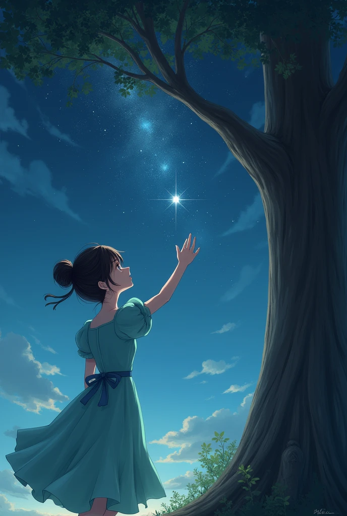 a girl with dark brown hair, gathered in a bun ,with a mint-colored long-sleeved princess-cut dress, The girl wanting to touch with one hand the night sky with bright stars, She is next to a big tree 