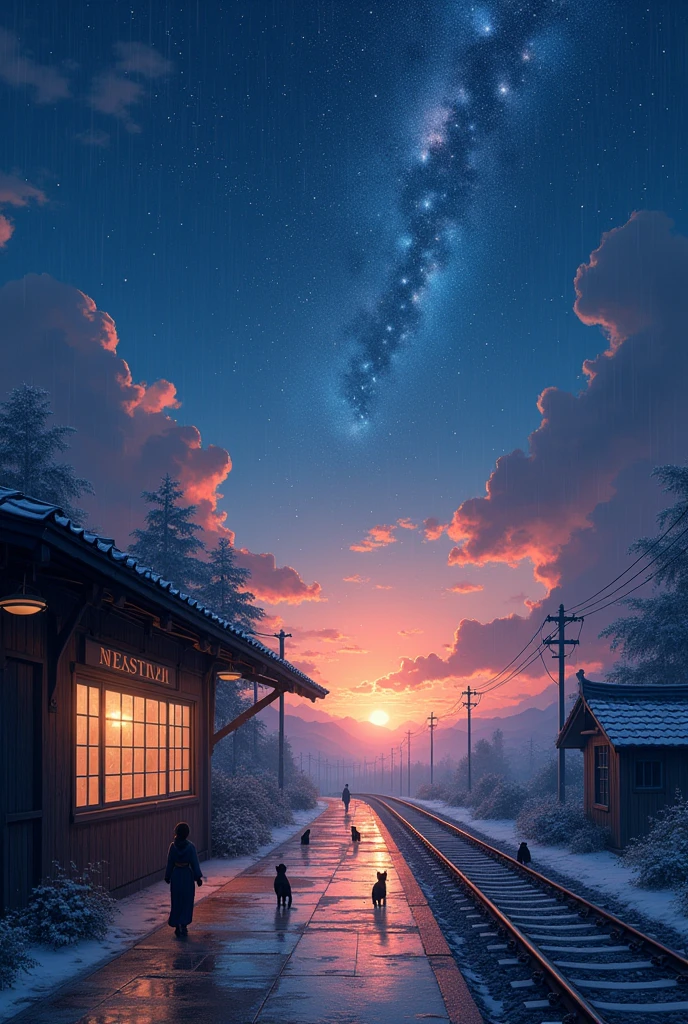 masterpiece, concept art, train station in the rain at night, a detailed matte painting, by Makoto Shinkai, featured on pixiv, photorealism, night starry sky full of cats, watching the sun set. anime, wlop hdr, from arknights, wide-screen, white snow, ( ( thomas kinkade ) ), artstatiom, 'the end, very long