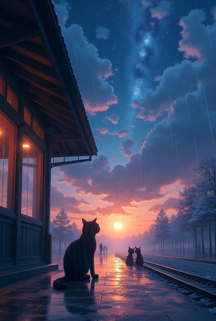 masterpiece, concept art, train station in the rain at night, a detailed matte painting, by Makoto Shinkai, featured on pixiv, photorealism, night starry sky full of cats, watching the sun set. anime, wlop hdr, from arknights, wide-screen, white snow, ( ( thomas kinkade ) ), artstatiom, 'the end, very long