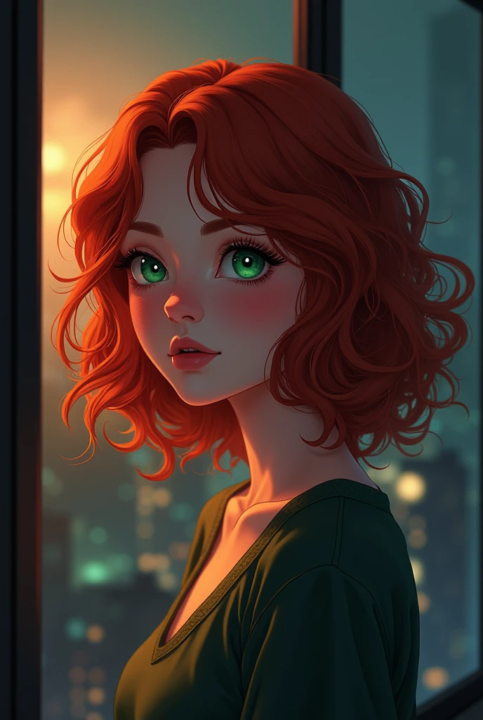 a redheaded curly-haired woman with green eyes and pale skin, near the window of her apartment, city at night, anime style, detailed portrait, cinematic lighting, warm color tones, dramatic shadows, photorealistic, ultra-detailed, 8k, award-winning digital art