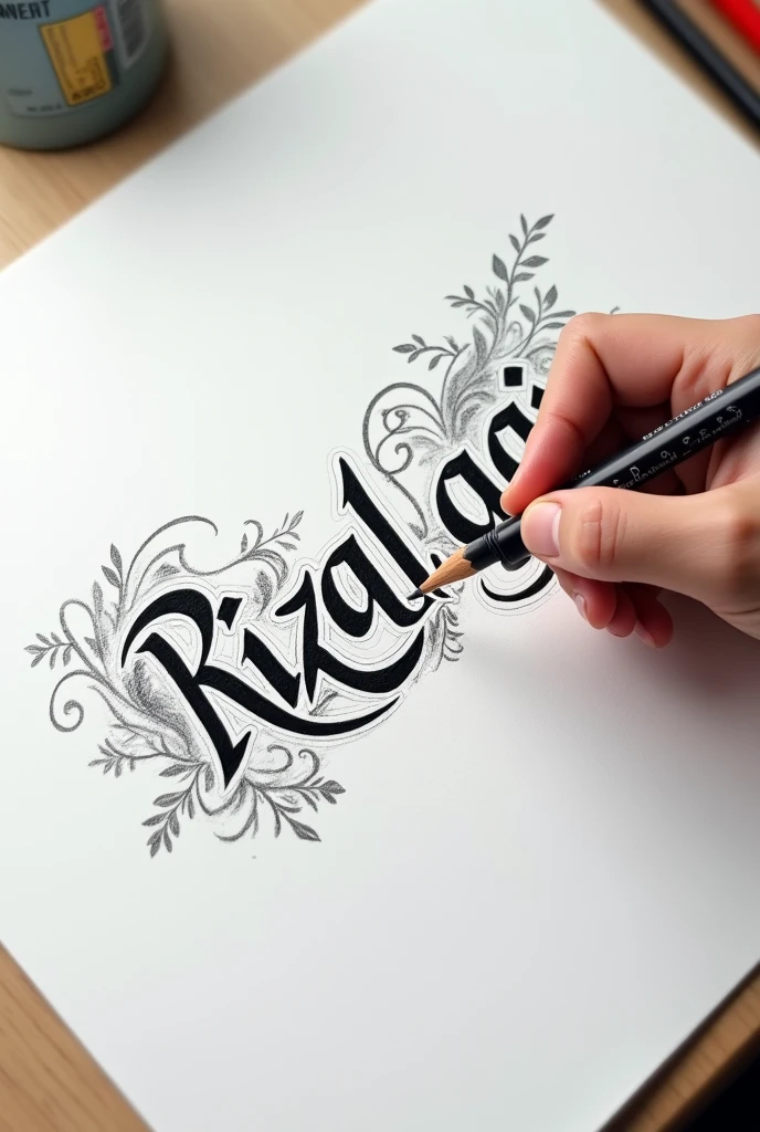 Write RIZAL MUTTAQIN on drawing paper using a nice and beautiful font with a background of a person painting the name.!