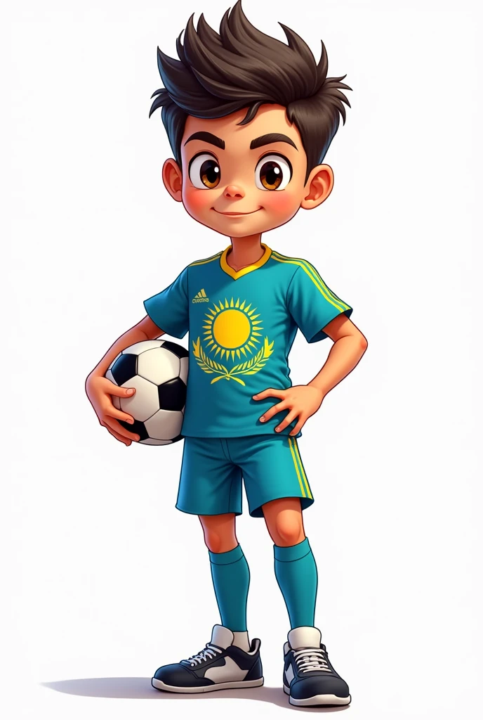 ((officially)) ((masterpiece)) ((Best quality)) ((detailed)) cartoon boy football player with ball in uniform with emblem flag of Kazakhstan on white background