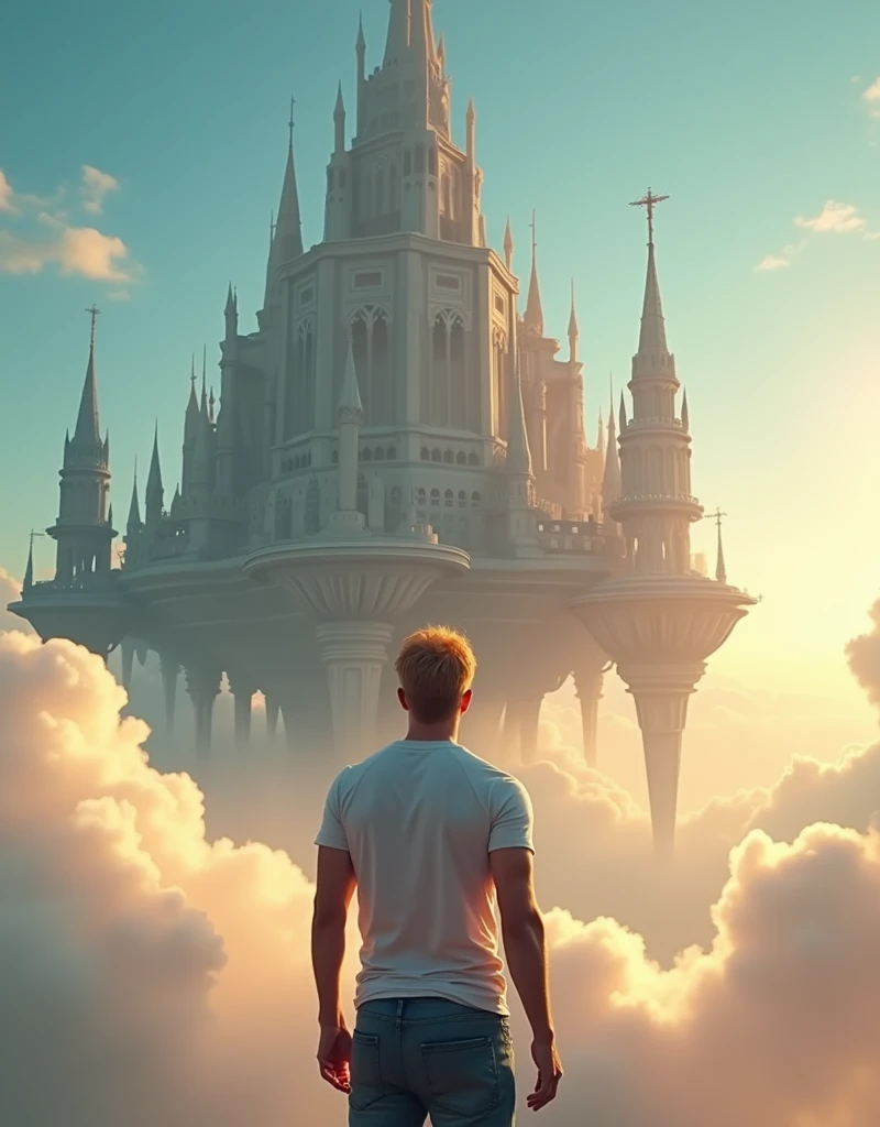 A cinematic medium shot of a athletic 46yr old man with strawberry-blonde hair wearing a t-shirt and jeans. Strong cinematic posture, back to the camera. He is standing knee-deep in clouds, between fluffy sunset clouds and looking at a magnificent fantasy city with intricate details. The city is floating in the air above the clouds. The background is a clear blue sky. The city has a heptagonal shape, with corner towers connected to the central part by galleries and passages. The city's design is gothick, strict yet graceful, combining futuristic and traditional architectural elements. It soars high in the sky in the air far away. The city has a fantasy look with a futuristic twist, and the flying towers serve as defense structures.
Hight contrast and ultra-detailed, ultrarealistic, 8k, HDR