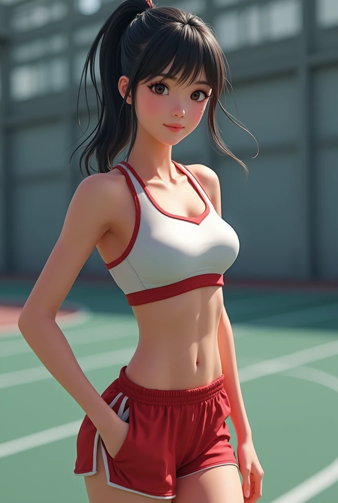 Track and field club、Female university student、1、Japanese、Cute face like an idol、Track and field clubユニフォーム、Sweating、Uniforms that expose a lot of skin、sexy、ponytail、I have a little muscle、The abdominal muscles are lightly cracked、Realistic images、(best quality,4K,8k,highres,masterpiece:1.2),ultra-detailed,(realistic,photorealistic,photo-realistic:1.37),HDR,uhd,studio lighting,ultra-fine painting,sharp focus,physically-based rendering,extreme detail description,professional,vivid colors,bokeh,cinematic lighting,dramatic shadow、High resolution, High-resolution model, Retina, Textured skin, Ultra high definition, accurate, 