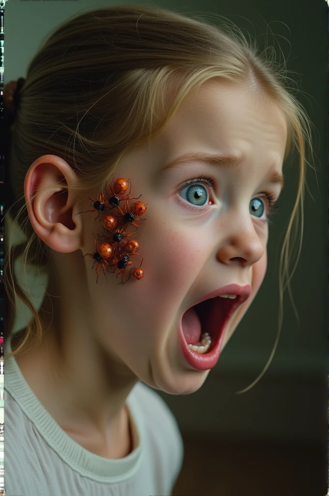 Create a YouTube thumbnail in 16:9 featuring a close-up of a young girl's face. The focus is on her ear, where several large ants are clearly visible, crawling on her skin or emerging from the ear. The girl should have an expression of surprise, scared and crying . with her eyes wide and her mouth slightly open. Ensure the ants are detailed and prominent, contrasting sharply against the skin. The background should be softly blurred or in a neutral color to keep the attention on the girl's face and the ants. Use vibrant colors to make the ants stand out and enhance the overall impact of the image.