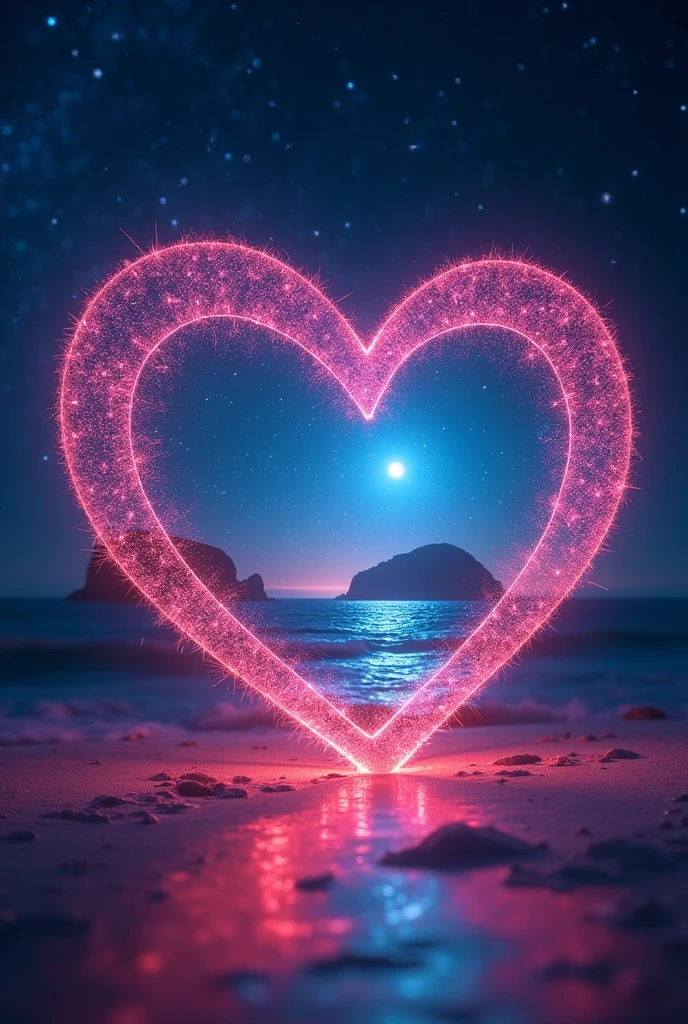 A sparkling open heart object、romantic、photograph、Panorama、Neon color、Bright colors、Ultra-high resolution、
Inside the open heart is a picture of the ocean、Starry sky in the background、The overall image is dark, but the heart-shaped object shines brightly.、
A sky studded with stars、