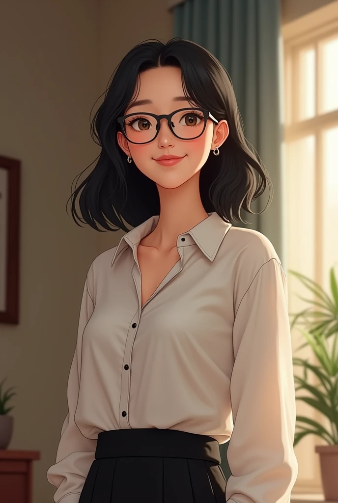 A girl with shoulder-length black hair, wearing glasses, and a friendly face, always helping others. She wears a shirt and a long black skirt. She has a job in personal development, coaching, and advising on self-growth, always full of loving energy and helping others. Her face is radiant with a bright smile, and she is 2. She is Asian.






