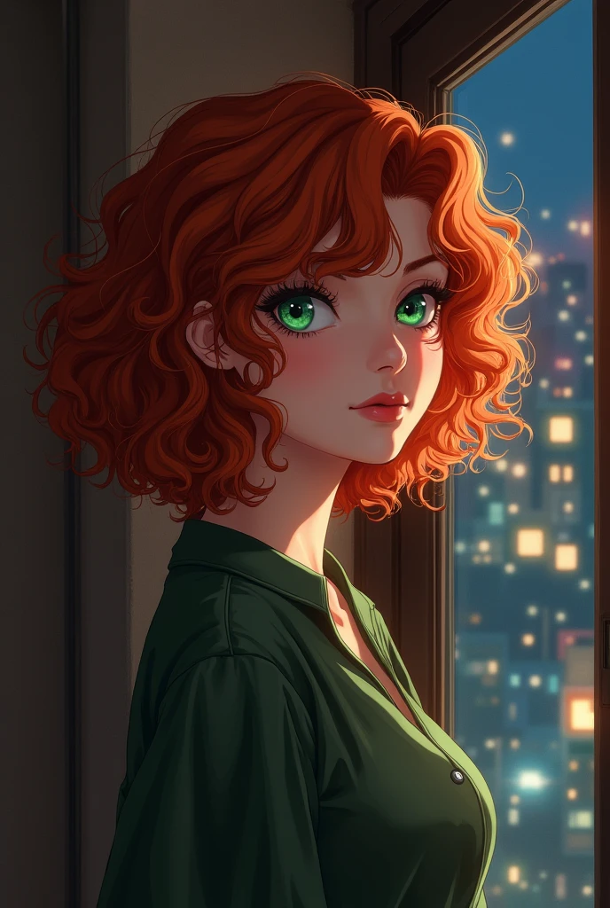 a redheaded curly-haired woman with green eyes and pale skin, near the window of her apartment, city at night, anime style, detailed portrait, cinematic lighting, warm color tones, dramatic shadows, photorealistic, ultra-detailed, 8k, award-winning digital art