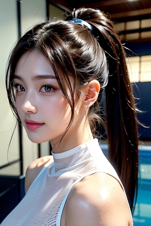 Latex bodysuit、Knee-high boots、Huge 、Long brown hair、Japanese Gravure Idol、Shiny, Oily skin、Glowing Skin、Indoor competition pool、White skin、Beautiful woman、Body Portrait、32K、Beautiful and beautiful eyes、Dindal effect、masterpiece、最high quality、high quality、High resolution、Very detailed photos、(Natural skin texture、Fine skin、Hyperrealism、Ultra Sharpness)、Skin with attention to detail 、(Very fine、Fine skin texture、Intricate details、Beautiful Face、Japanese Idols、(A vivid face)、Realistic eyes、Beautiful and detailed、Training in the fitness gym、Wearing training wear:1.3,ponytail、Realistic Skin、Beautiful Skin、glamorous、Glowing Skin、Greasy muscle 、Daytime、surreal、Very detailed、Golden Ratio、Smiling Eyes、Body Portrait、Full Body Shot:1.5