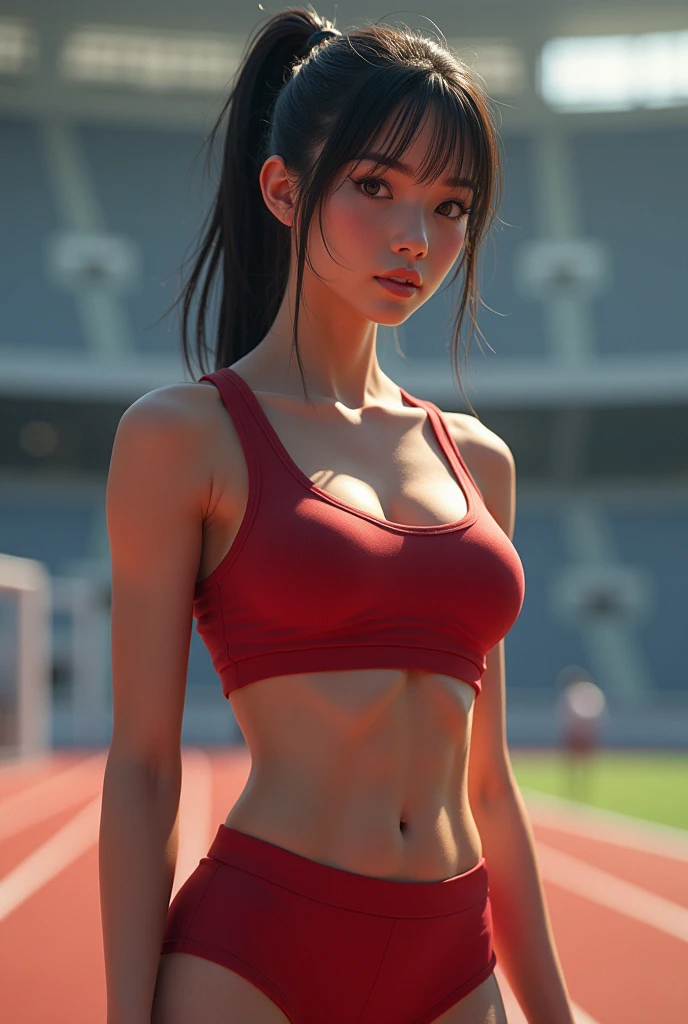 Track and field club、Female university student、1、Japanese、Cute face like an idol、Track and field clubユニフォーム、Sweating、Uniforms that expose a lot of skin、sexy、ponytail、I have a little muscle、The abdominal muscles are lightly cracked、Realistic images、(best quality,4K,8k,highres,masterpiece:1.2),ultra-detailed,(realistic,photorealistic,photo-realistic:1.37),HDR,uhd,studio lighting,ultra-fine painting,sharp focus,physically-based rendering,extreme detail description,professional,vivid colors,bokeh,cinematic lighting,dramatic shadow、High resolution, High-resolution model, Retina, Textured skin, Ultra high definition, accurate, Very detailed,