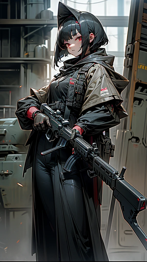 Highest quality、Every detail、Structurally correct、Anti-material riflesを両手で持つ、Girl in a hood、Bob cut with black hair、Red eyes、Anti-material rifles、Huge rifle、Heavy equipment、Black clothes、iron、Metallic、