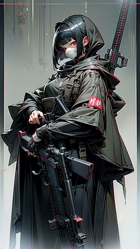 Highest quality、Every detail、Structurally correct、Anti-material riflesを両手で持つ、Girl in a hood、Bob cut with black hair、Red eyes、Anti-material rifles、Huge rifle、Heavy equipment、Black clothes、iron、Metallic、