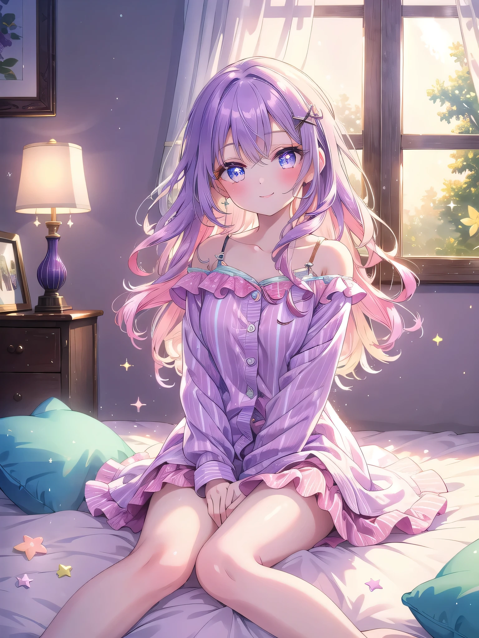 ((8k, Highest quality, masterpiece: 1.3)),Ultra-high resolution,(1 girl, alone), (Color changing eyes, Ultra-detailed, Expressive brilliance, Glitter, Glowing Eyes), Highly detailed eyes, Highly detailed face, Random Hair, ((pastel colour))Ribbon Hair Clip with Striped Pajamas and Playful Smile
"Design a Vtuber character with shoulder-length purple hair styled in gentle waves, adorned with a cute pastel-colored ribbon hair clip on the right side. Her eyes are a soft purple, sparkling with joy as she looks directly at the camera, a bright and playful smile lighting up her face. She is sitting cross-legged on her bed, wearing a striped pajama set with a button-up top and matching shorts in light pastel hues. The room has a cozy and welcoming feel, with warm lighting, a neatly made bed, fluffy pillows, and light-colored curtains softly fluttering by an open window. The overall ambiance is cheerful and comfortable, perfectly matching her vibrant and friendly demeanor."