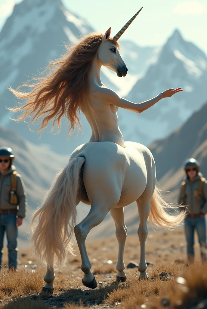 A female unicorn dancing, side view but she turns her head to look at the camera. She is smiling, cheveux brun long undule. She is among helicopter mechanics..Background, there are mountains.