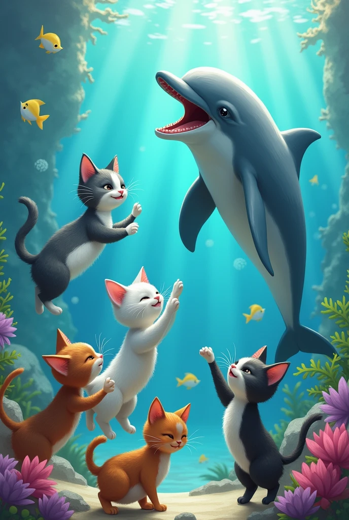 Plusieurs chats jouent avec un dauphin