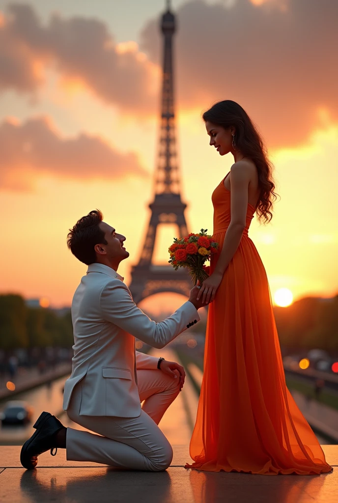 A male is holding a bouquet of flower and proposing a female sitting on the knee in front of the Eiffel Tower, hyper realistic and original looking. Change the female's dress colour to orange and make her standing. Change the male's dress colour to white.