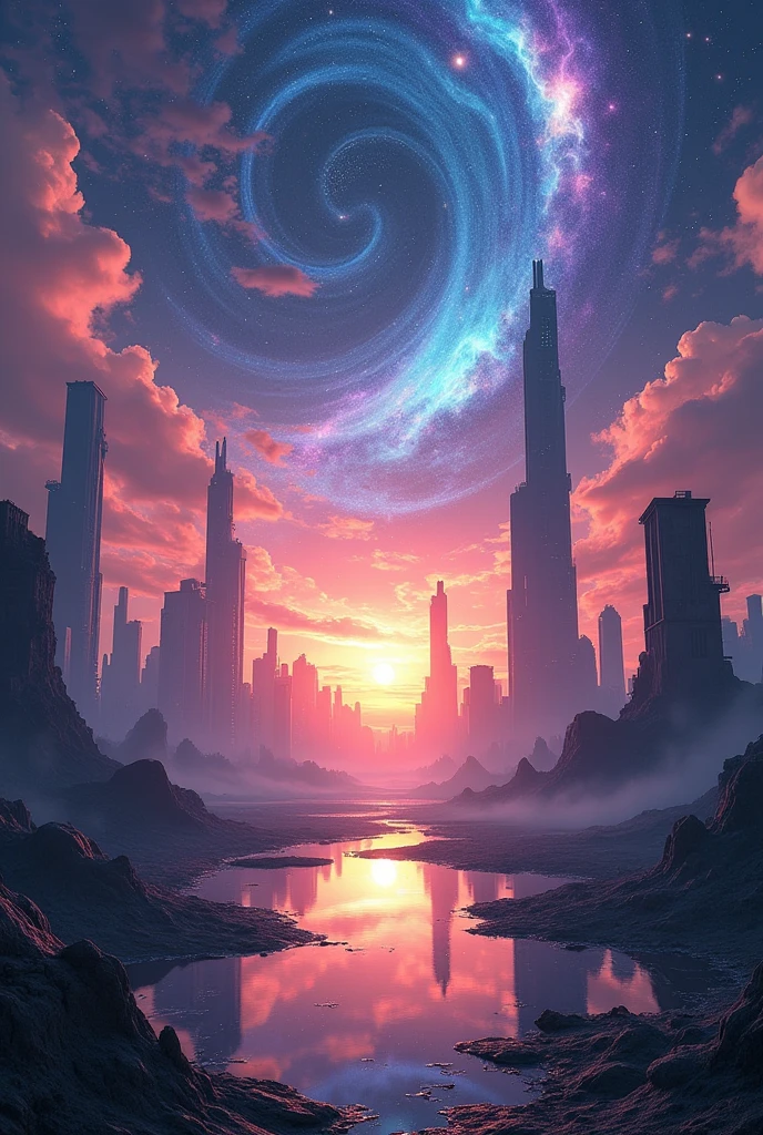 SurrealCosmicHorizon, cosmic sunset, outdoors, sky, swirling nebulae, shooting stars, auroras, no_humans, starry_sky, abandoned cityscape, ruins, galaxy reflection, dusk, sci-fi city, futuristic skyscrapers, cosmic_lights, iridescence, otherworldly color scheme, perfect blend of hues (perfect masterpiece, best quality, best resolution:1.5)(perfect CG 8K UHD unity wallpaper)"
