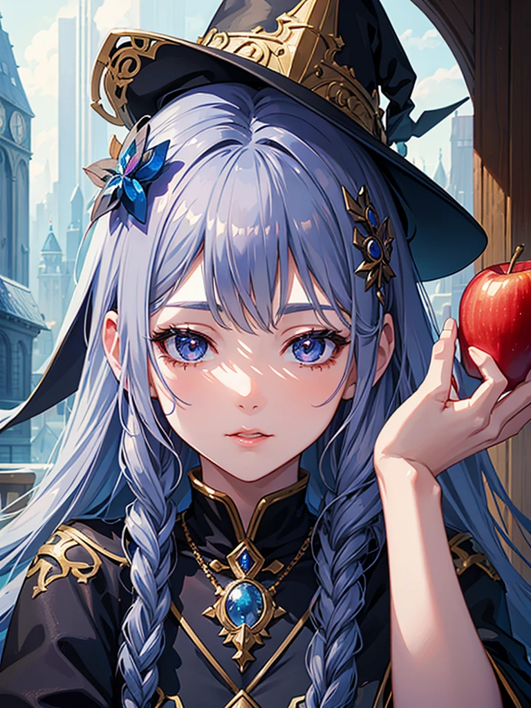 A beautiful anime girl wearing a wizard’s hat and holding an apple stands in front of a bar. This high-quality, detailed illustration features a dark witch with provocative vibes. Her silver hair is intricately woven into loose braids, and her detailed face includes long eyelashes and beautiful lips. The dynamic pose, dramatic lighting, and vibrant colors create a fantasy atmosphere, evoking magic and enchantment.Short bangs, Character profile,