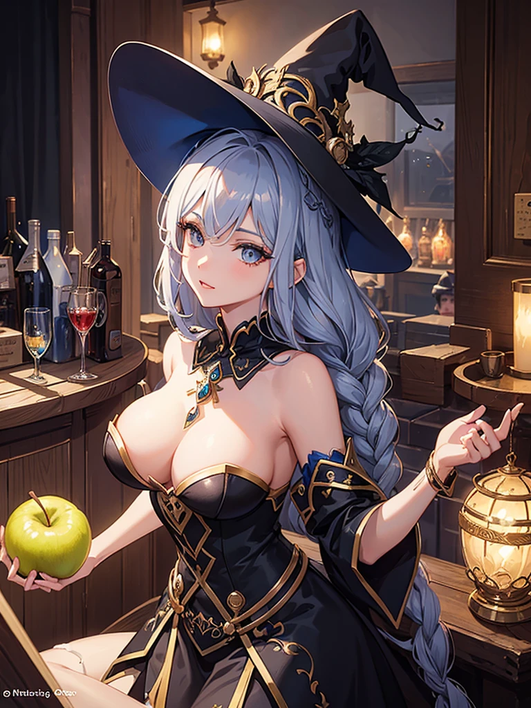 A beautiful anime girl wearing a wizard’s hat and holding an apple stands in front of a bar. This high-quality, detailed illustration features a dark witch with provocative vibes. Her silver hair is intricately woven into loose braids, and her detailed face includes long eyelashes and beautiful lips. The dynamic pose, dramatic lighting, and vibrant colors create a fantasy atmosphere, evoking magic and enchantment.Short bangs, Character profile, 