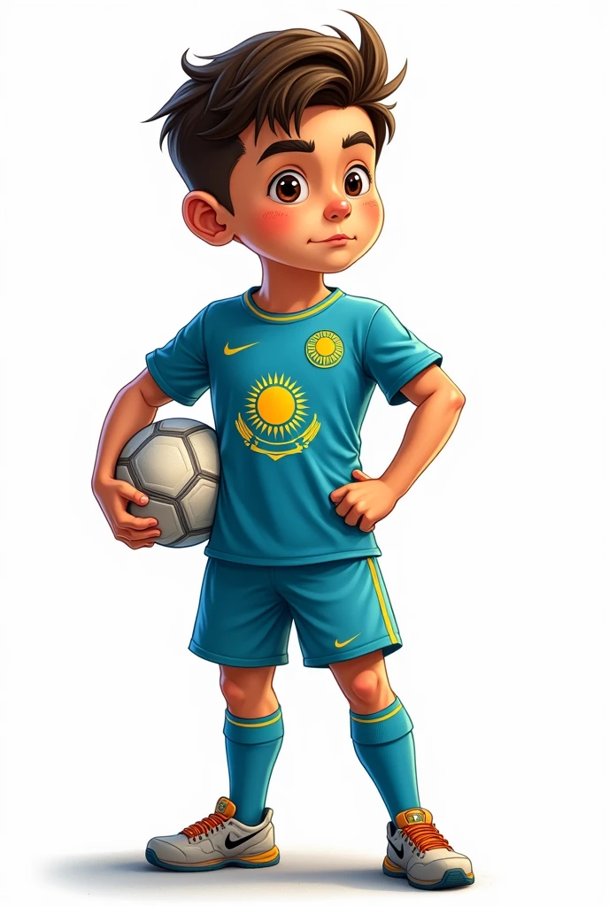 ((officially)) ((masterpiece)) ((Best quality)) ((detailed)) cartoon boy football player with ball in uniform with emblem flag of Kazakhstan on white background