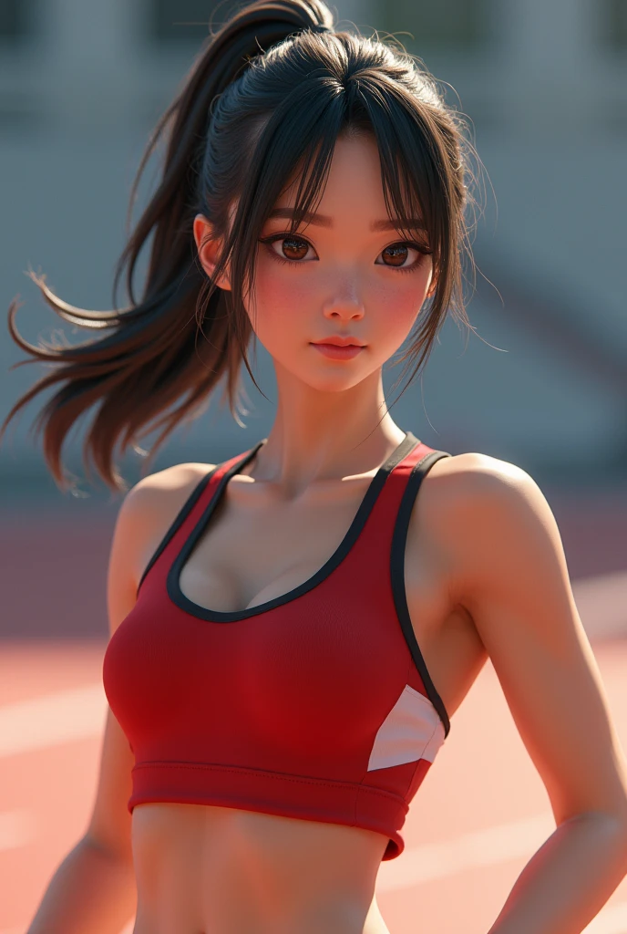 Track and field club、Female university student、1、Japanese、Cute face like an idol、Track and field clubユニフォーム、Sweating、Uniforms that expose a lot of skin、sexy、ponytail、I have a little muscle、The abdominal muscles are lightly cracked、Realistic images、(best quality,4K,8k,highres,masterpiece:1.2),ultra-detailed,(realistic,photorealistic,photo-realistic:1.37),HDR,uhd,studio lighting,ultra-fine painting,sharp focus,physically-based rendering,extreme detail description,professional,vivid colors,bokeh,cinematic lighting,dramatic shadow、High resolution, High-resolution model, Retina, Textured skin, Ultra high definition, accurate, Very detailed, Anatomically correct,