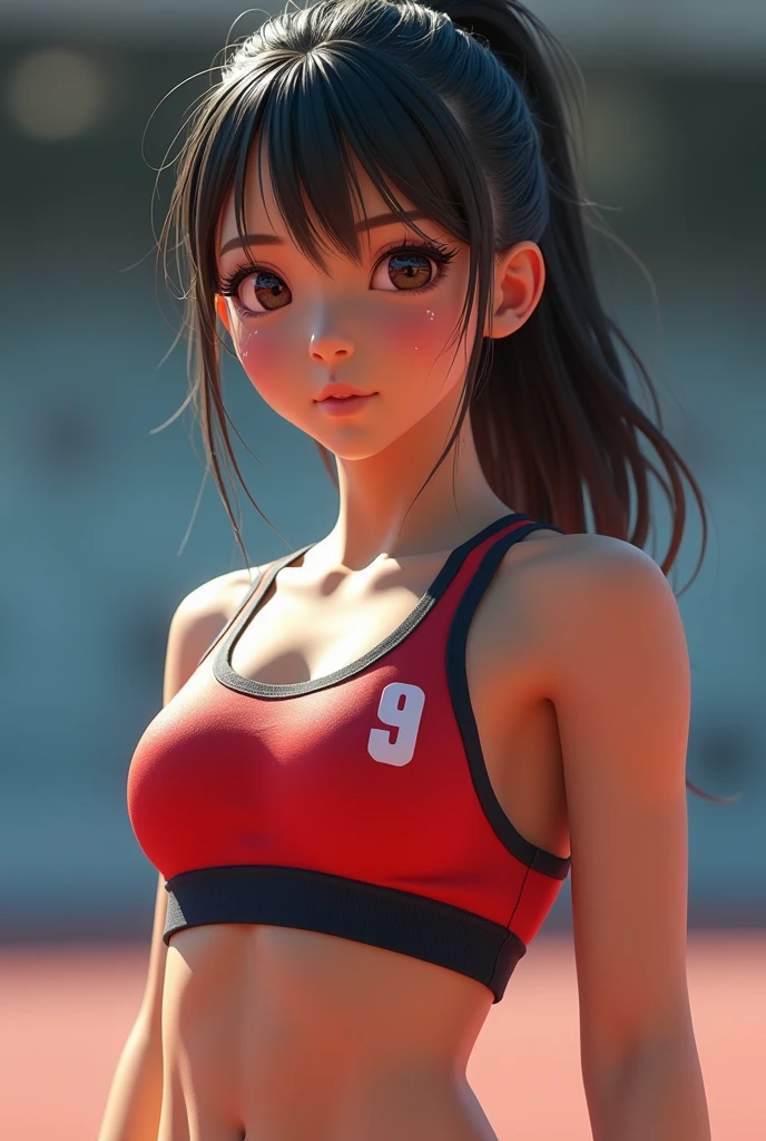 Track and field club、Female university student、1、Japanese、Cute face like an idol、Track and field clubユニフォーム、Sweating、Uniforms that expose a lot of skin、sexy、ponytail、I have a little muscle、The abdominal muscles are lightly cracked、Realistic images、(best quality,4K,8k,highres,masterpiece:1.2),ultra-detailed,(realistic,photorealistic,photo-realistic:1.37),HDR,uhd,studio lighting,ultra-fine painting,sharp focus,physically-based rendering,extreme detail description,professional,vivid colors,bokeh,cinematic lighting,dramatic shadow、High resolution, High-resolution model, Retina, Textured skin, Ultra high definition, accurate, Very detailed, Anatomically correct,