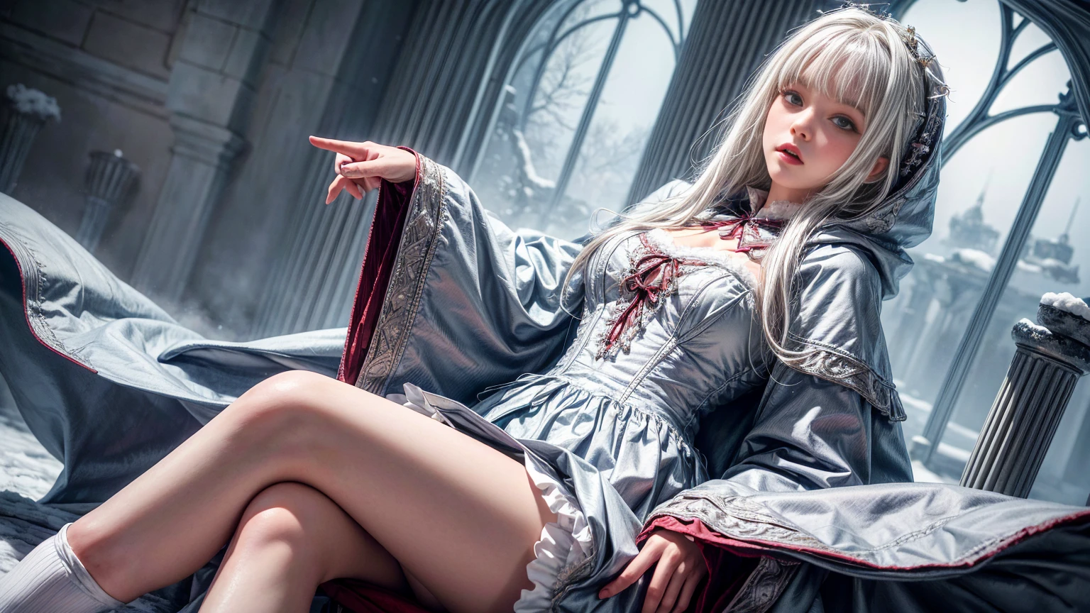 8k，Photorealistic, high resolution, 1 Women, Solo, Hips up,(Lolita costume)， Beautiful eyes, White hair, ringed eyes, (Sit，Cloak，snowfield)，((lifting her skirt，spread their legs))，