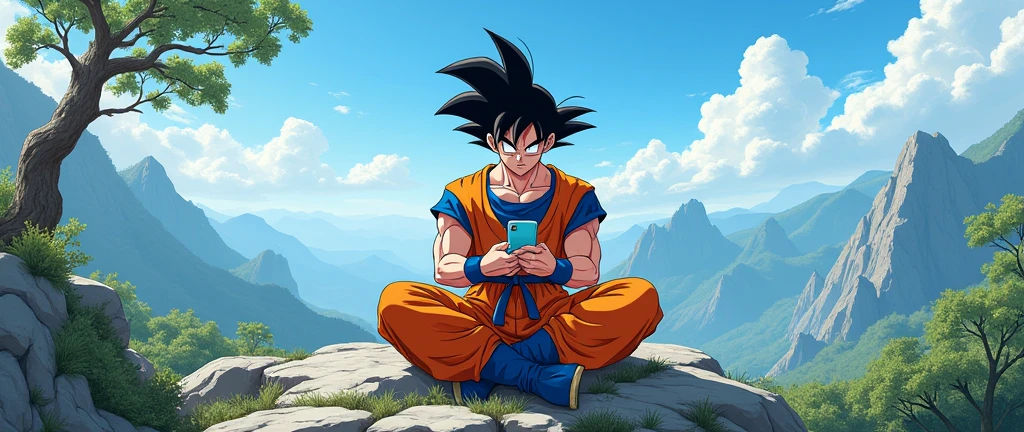 goku play smartphone on the mountain