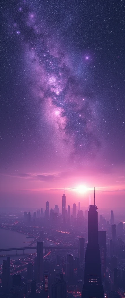 Starry sky with constellations, Purple hue like a nebula, Vast space, The Bottom of Cyberpunk City,  