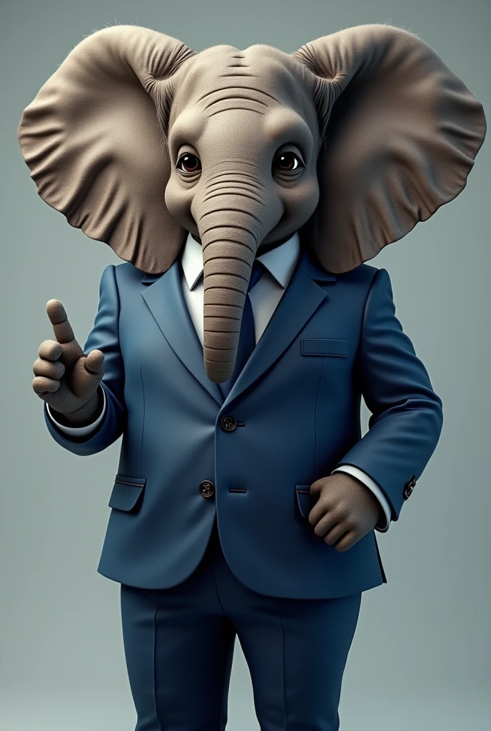 A realistic elephant standing upright in a tailored, professional blue suit. The elephant has a serious, focused expression, giving off an authoritative and professional vibe. It is pointing with one hand in an explaining way, as if making an important point. The elephant appears fit and confident, with a simple background that emphasizes its commanding presence."