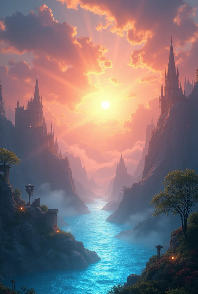 "CelestialDreamscape, ethereal sunrise, outdoors, sky, floating islands, glowing mist, sunbeams, no_humans, fantasy_sky, ancient ruins, mystical water, sunrise, enchanted city, towering spires, magical_lights, prism effect, vibrant color scheme, surreal color harmony (perfect masterpiece, best quality, best resolution:1.5)(perfect CG 8K UHD unity wallpaper)"