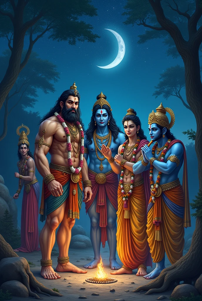 Hanuman ji with ram, mahadev, krishna, Ganesh, picture at night