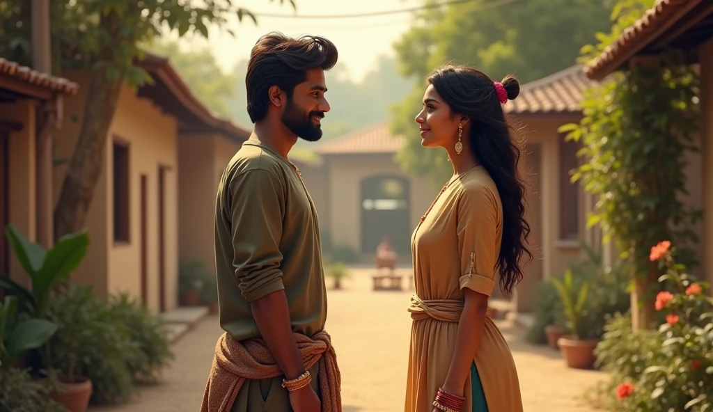 First Meeting: Ravi and Simmi meeting for the first time in a quaint, small town setting. Simmi stands out with her modern style while Ravi appears more traditional and simple, highlighting the contrast between their worlds.