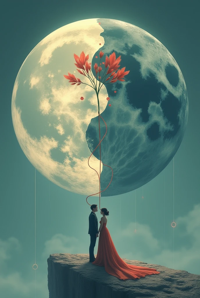 A moon separated on the half between the two sides of the moon a smeraldo flower and a couple everyone of then on half of the moon both are connected with a red string